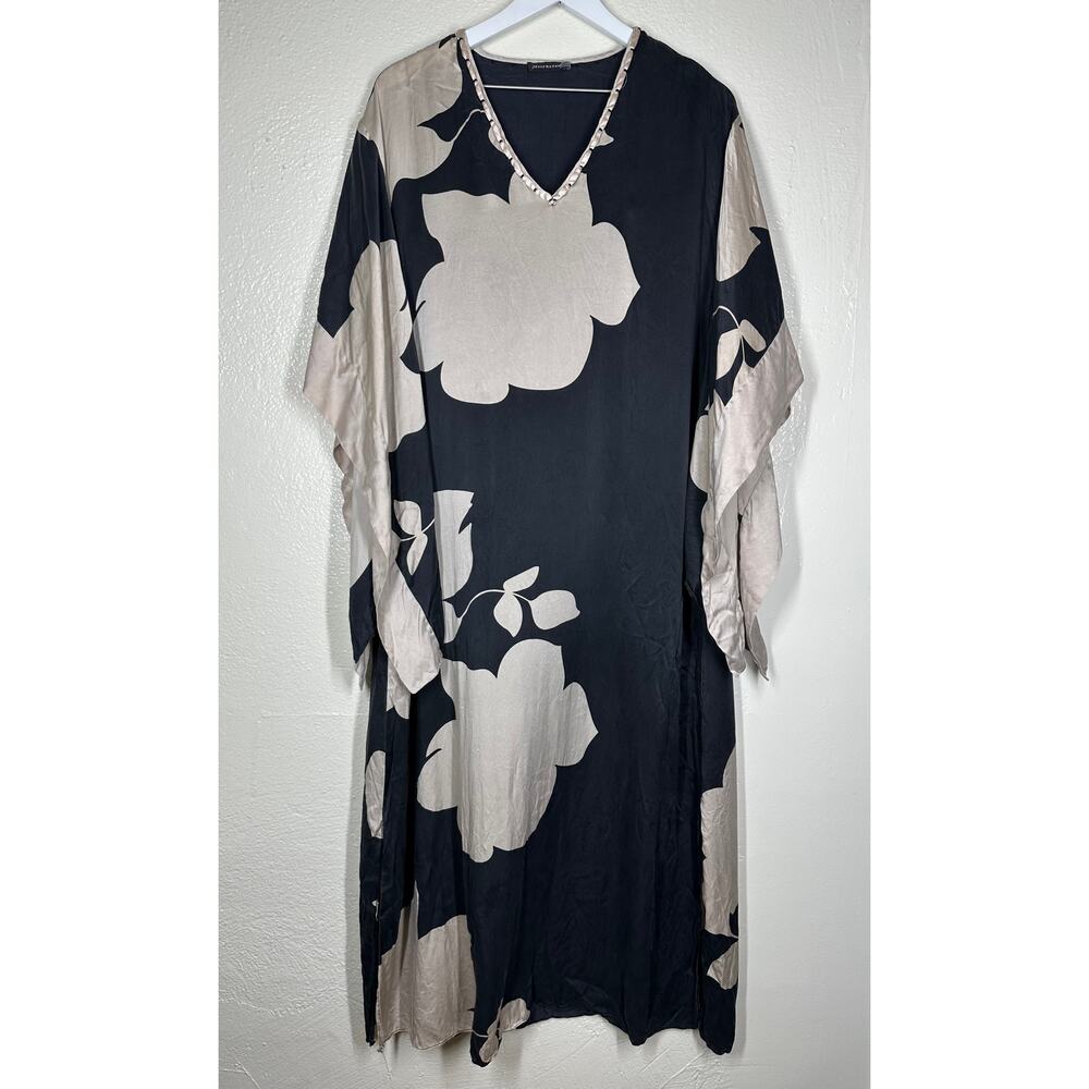 Natori Black Kaftan with Champagne Floral Print Silk